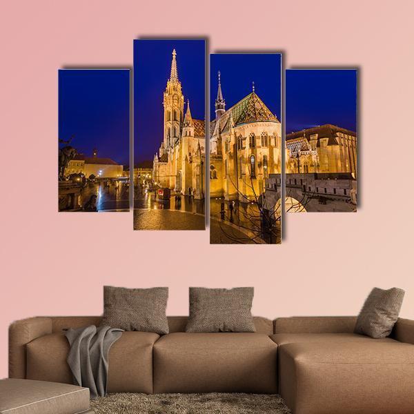 Matthias Church At Night Canvas Wall Art-4 Pop-Gallery Wrap-50" x 32"-Tiaracle