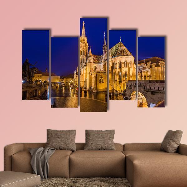 Matthias Church At Night Canvas Wall Art-5 Pop-Gallery Wrap-47" x 32"-Tiaracle