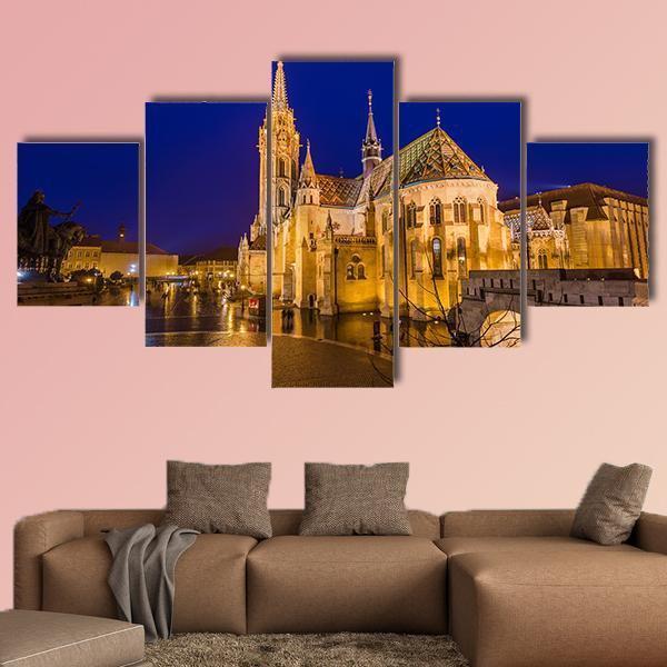 Matthias Church At Night Canvas Wall Art-5 Star-Gallery Wrap-62" x 32"-Tiaracle