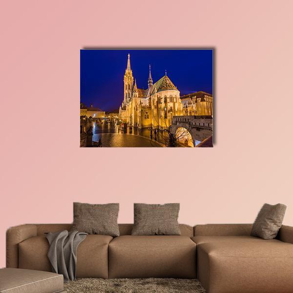 Matthias Church At Night Canvas Wall Art-1 Piece-Gallery Wrap-36" x 24"-Tiaracle