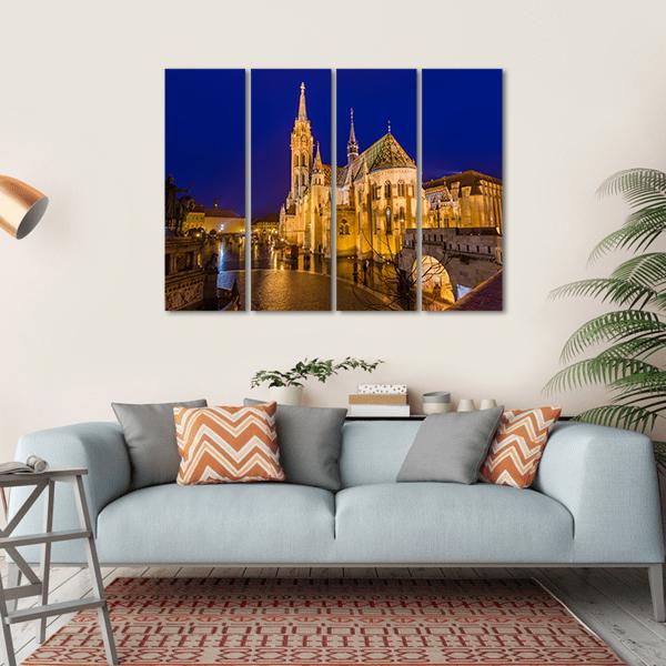 Matthias Church At Night Canvas Wall Art-4 Horizontal-Gallery Wrap-34" x 24"-Tiaracle