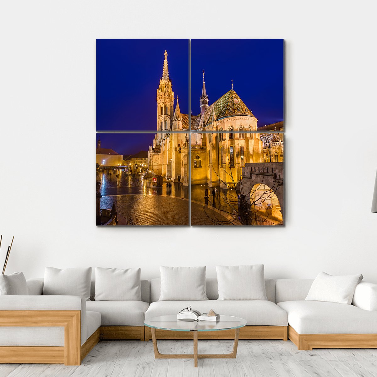 Matthias Church At Night Canvas Wall Art-4 Square-Gallery Wrap-17" x 17"-Tiaracle