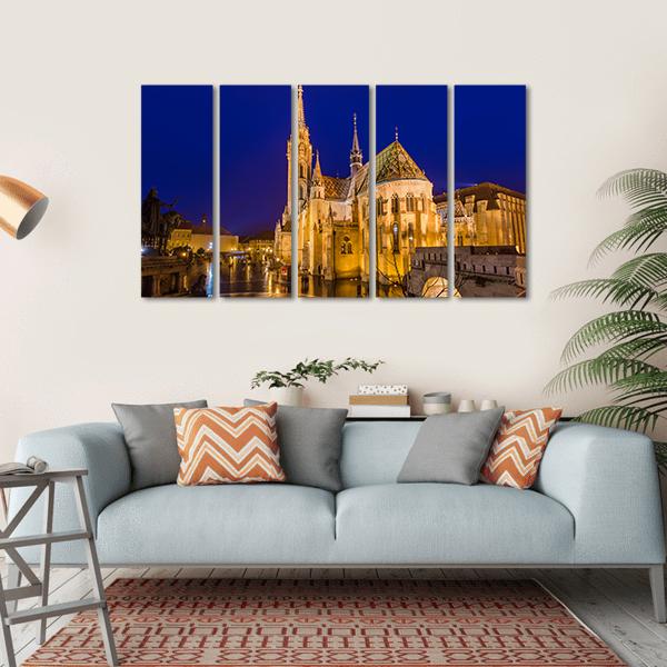 Matthias Church At Night Canvas Wall Art-5 Horizontal-Gallery Wrap-22" x 12"-Tiaracle