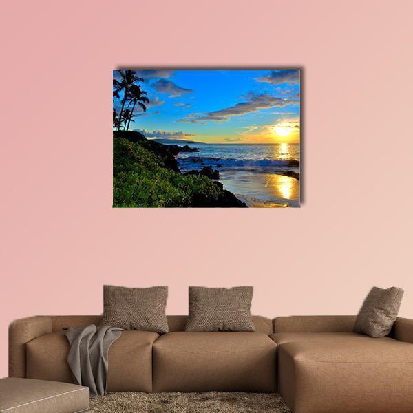 Maui Beach Sunset Canvas Wall Art in yellow, green and blue, single panel hung on a wall