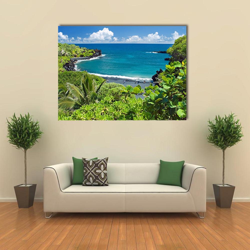 Maui Black Sand Beach Canvas Wall Art in green and blue, single panel hung on a wall