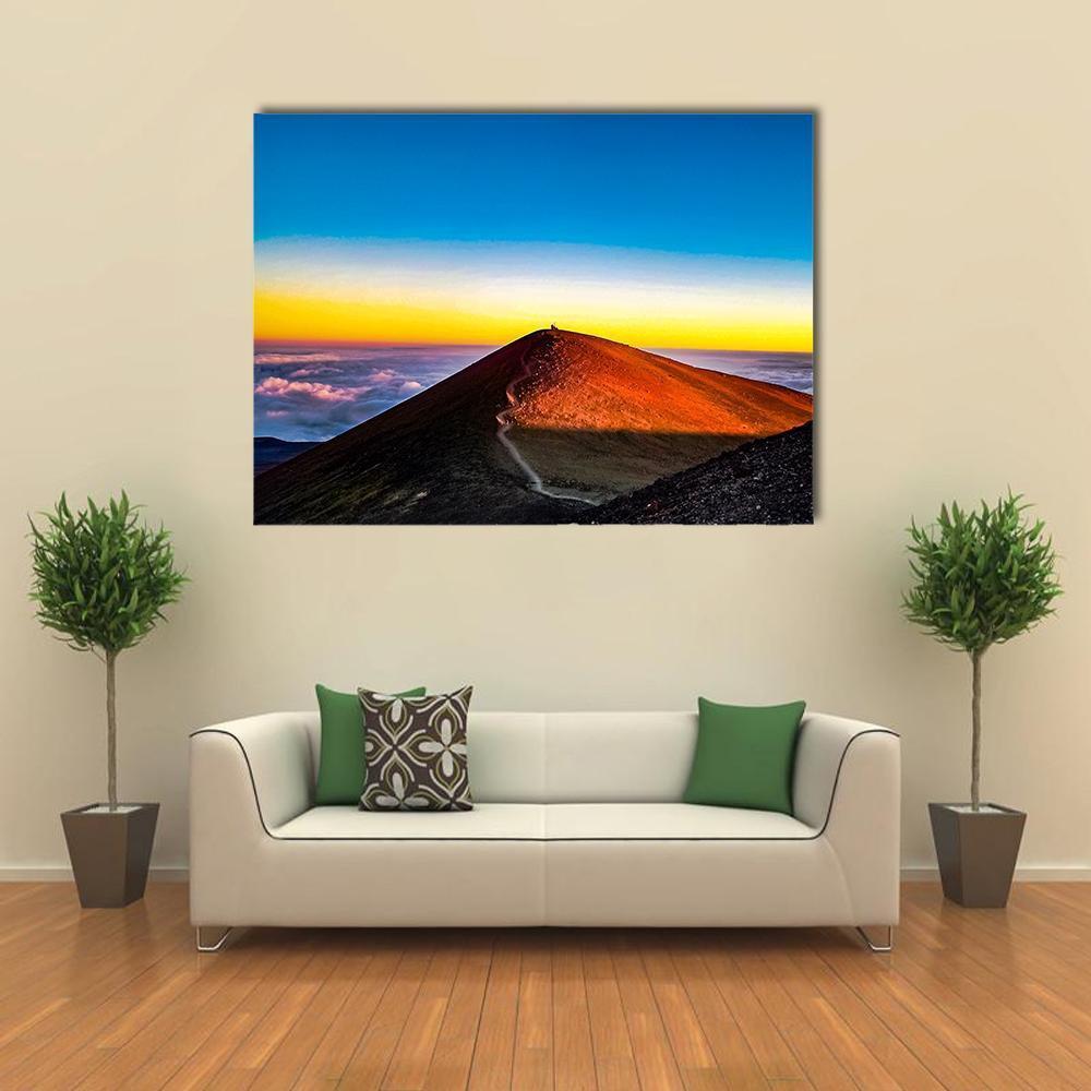 Mauna Kea Mountain at Sunset Canvas Wall Art in orange, yellow and blue, single panel hung on a wall