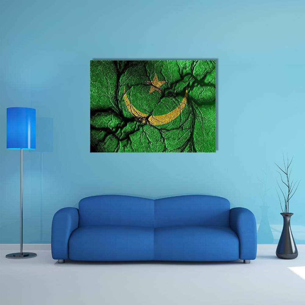 Grunge Mauritania Flag with Star and Crescent Canvas Wall Art in yellow and green, single panel hung on a wall