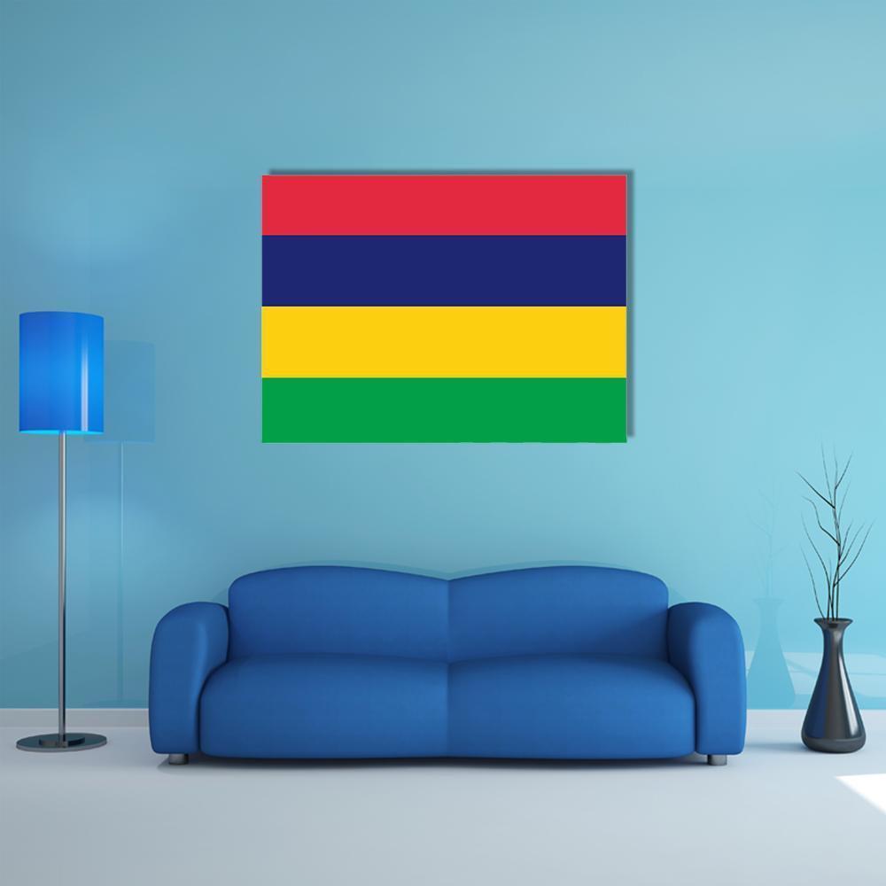 Mauritius Flag Canvas Wall Art in red, yellow and green, single panel hung on a wall