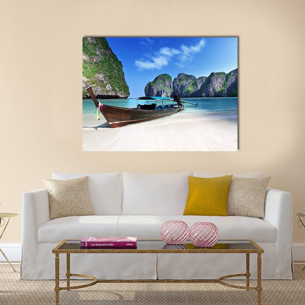 Longtail Boat at Maya Bay, Thailand Canvas Wall Art in white, green and blue, single panel hung on a wall