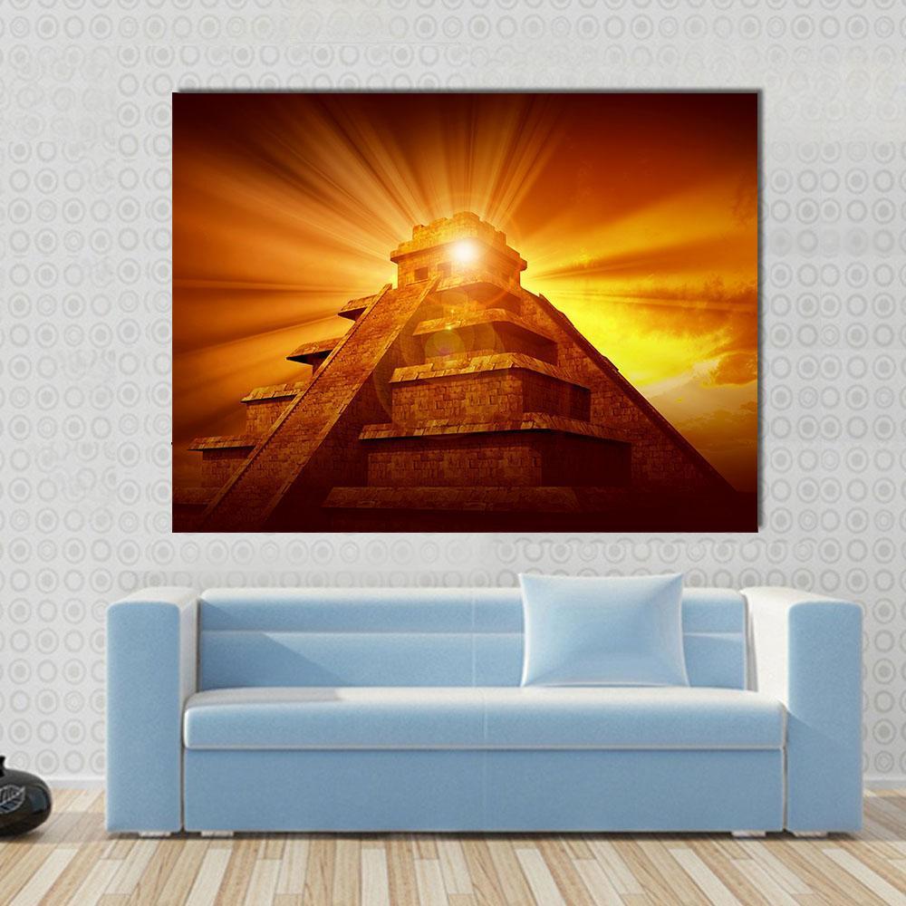 Mayan Pyramid at Sunset Canvas Wall Art in brown, orange and yellow, single panel hung on a wall