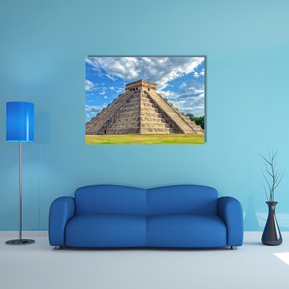 Mayan Pyramid at Chichen Itza Canvas Wall Art in gray, beige and blue, single panel hung on a wall