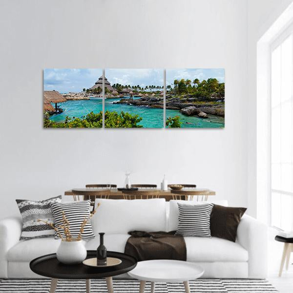 Mayan Riviera Paradise Panoramic Canvas Wall Art in green and blue, hung on a wall