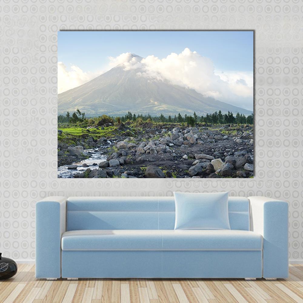 Mayon Volcano Philippines Canvas Wall Art in gray, green and blue, single panel hung on a wall