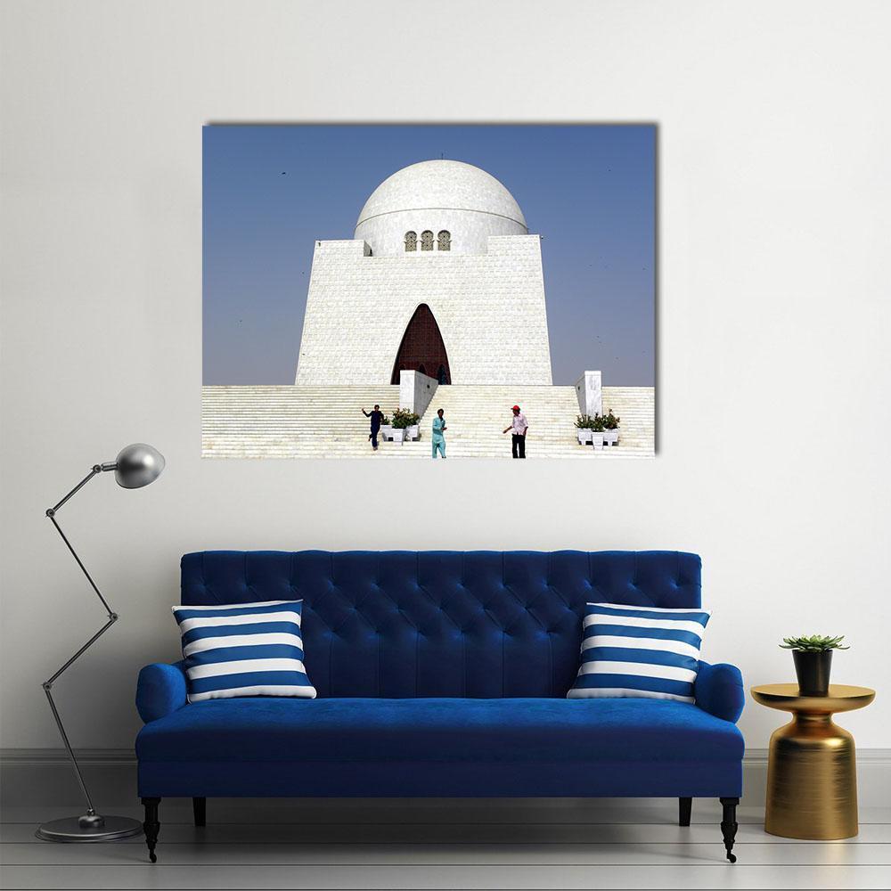 Mazar-e-quaid Monument in Karachi Canvas Wall Art in white and blue, single panel hung on a wall