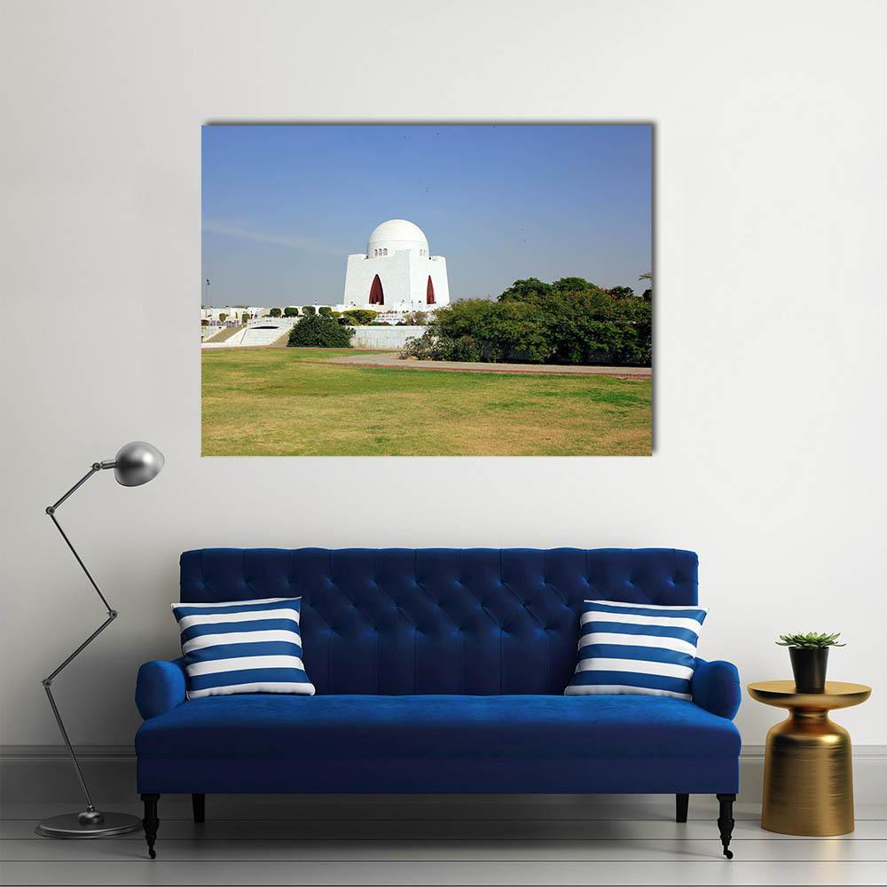 Mazar-e-quaid Mausoleum Canvas Wall Art in white, green and blue, single panel hung on a wall