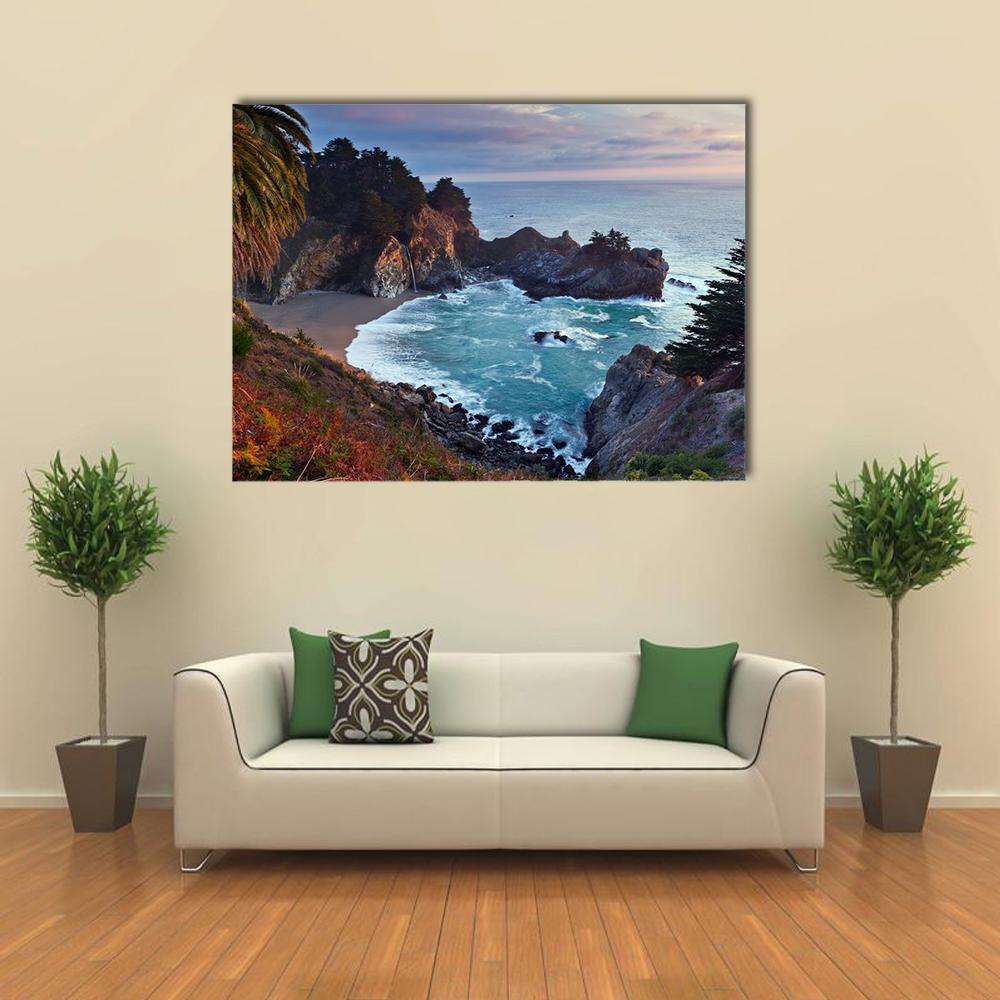 Mcway Falls, California at Sunset Canvas Wall Art in brown, orange and blue, single panel hung on a wall