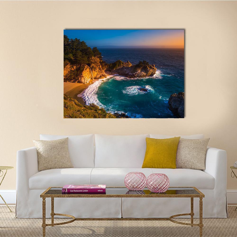 Mcway Falls, California Canvas Wall Art in brown, orange and blue, single panel hung on a wall