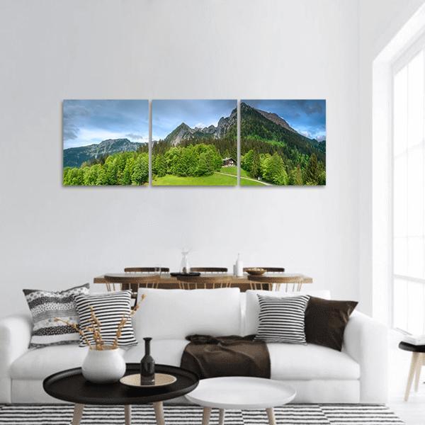 Alpine Meadow with Winding Path Panoramic Canvas Wall Art in gray, green and blue, hung on a wall