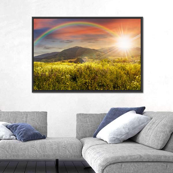 Meadow In Mountains With Rainbow Panoramic Canvas Wall Art-1 Piece-36" x 12"-Tiaracle