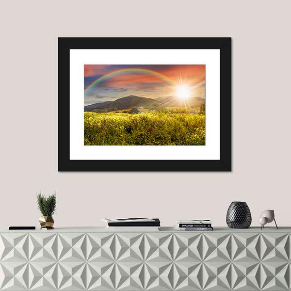 Meadow In Mountains With Rainbow Panoramic Canvas Wall Art-1 Piece-36" x 12"-Tiaracle