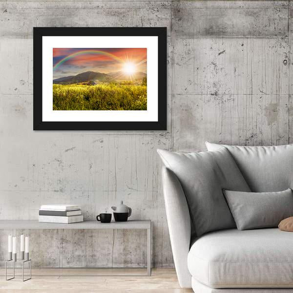 Meadow In Mountains With Rainbow Panoramic Canvas Wall Art-1 Piece-36" x 12"-Tiaracle