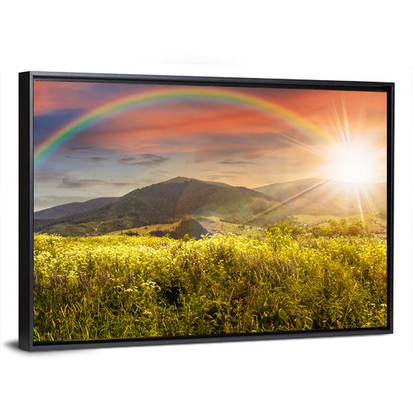 Meadow In Mountains With Rainbow Panoramic Canvas Wall Art-1 Piece-36" x 12"-Tiaracle