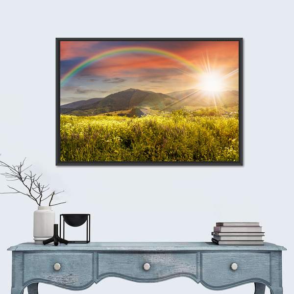 Meadow In Mountains With Rainbow Panoramic Canvas Wall Art-1 Piece-36" x 12"-Tiaracle