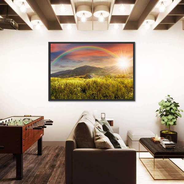Meadow In Mountains With Rainbow Panoramic Canvas Wall Art-1 Piece-36" x 12"-Tiaracle