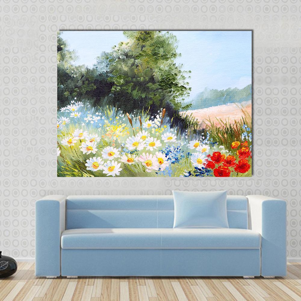 Meadow of Daisies Canvas Wall Art in white, green and blue, single panel hung on a wall