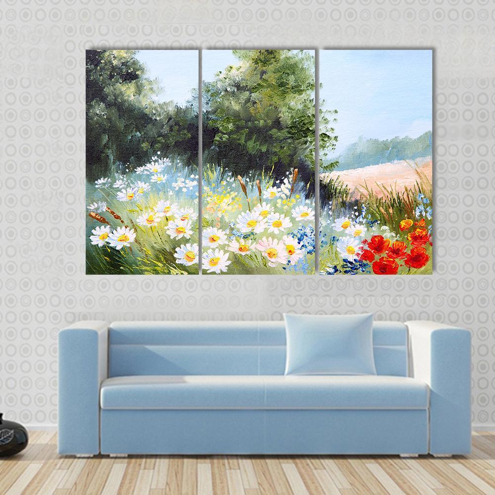 Meadow Of Daisies Canvas Wall Art-3 Horizontal-Gallery Wrap-37&quot; x 24&quot;-Tiaracle