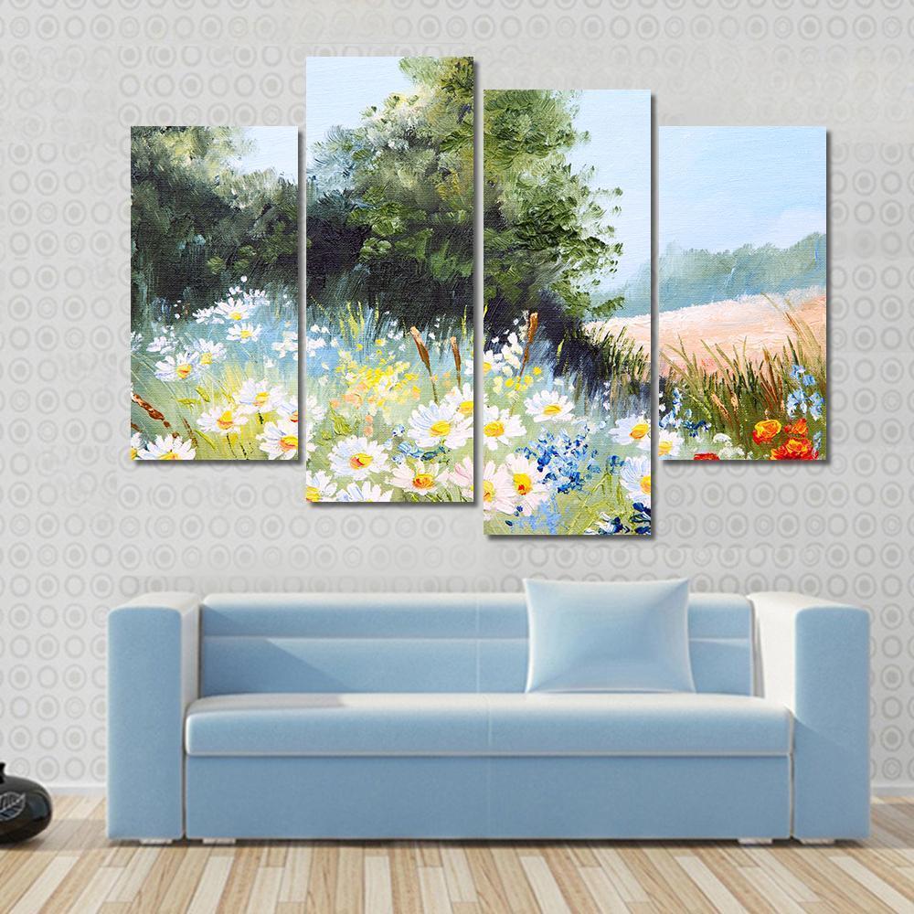Meadow Of Daisies Canvas Wall Art-4 Pop-Gallery Wrap-50&quot; x 32&quot;-Tiaracle