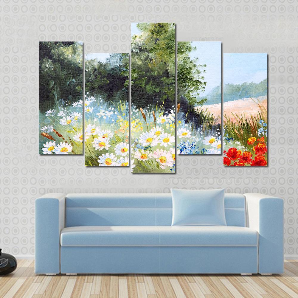 Meadow Of Daisies Canvas Wall Art-5 Pop-Gallery Wrap-47&quot; x 32&quot;-Tiaracle
