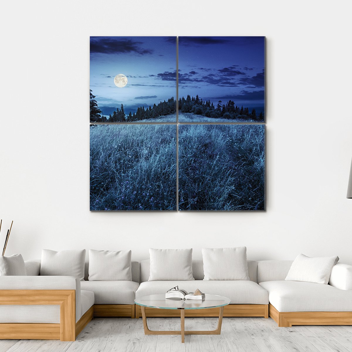 Meadow With Full Moon Canvas Wall Art-4 Square-Gallery Wrap-17" x 17"-Tiaracle