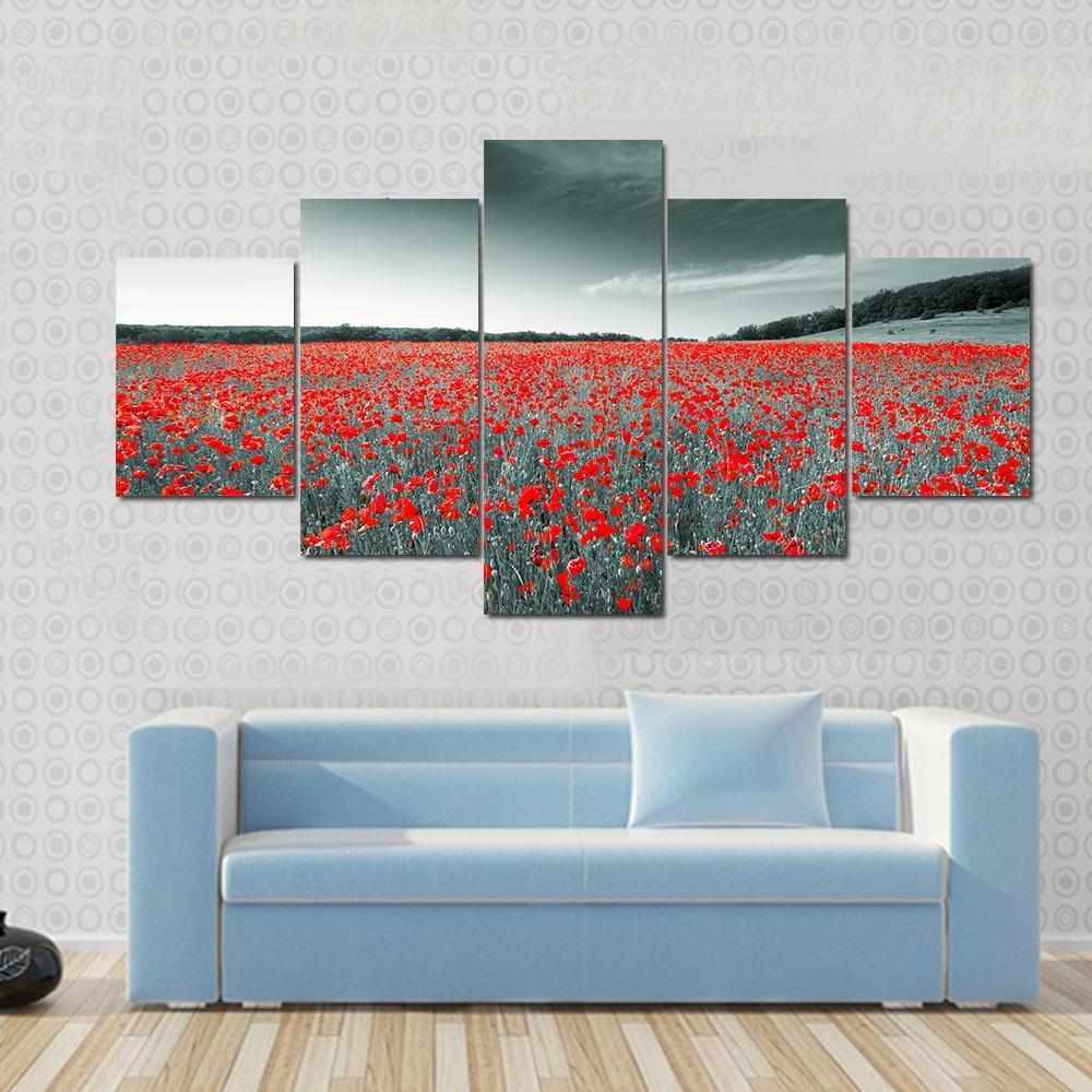 Meadow With Red Poppies Canvas Wall Art-5 Star-Gallery Wrap-62" x 32"-Tiaracle