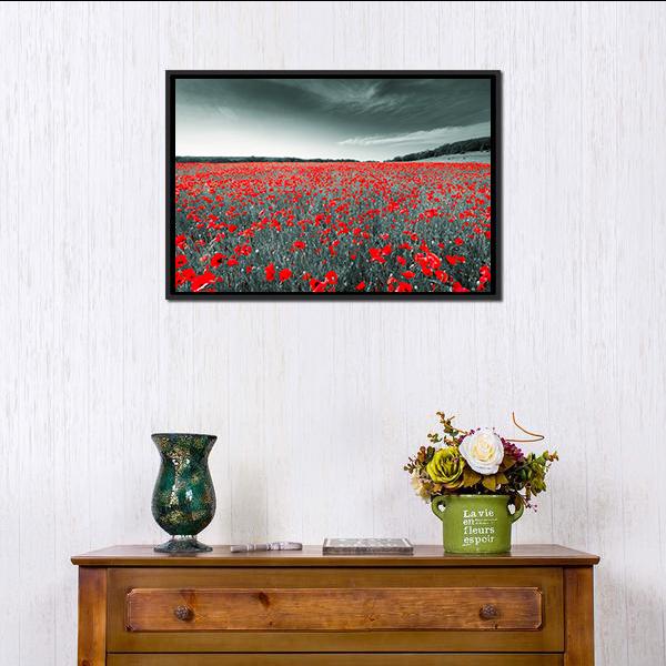 Meadow With Red Poppies Canvas Wall Art-1 Piece-Floating Frame-24" x 16"-Tiaracle