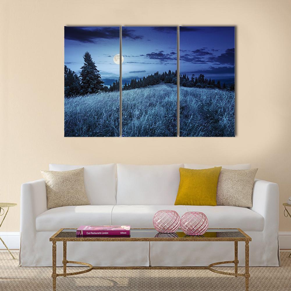 Meadow With Full Moon Canvas Wall Art-3 Horizontal-Gallery Wrap-37" x 24"-Tiaracle