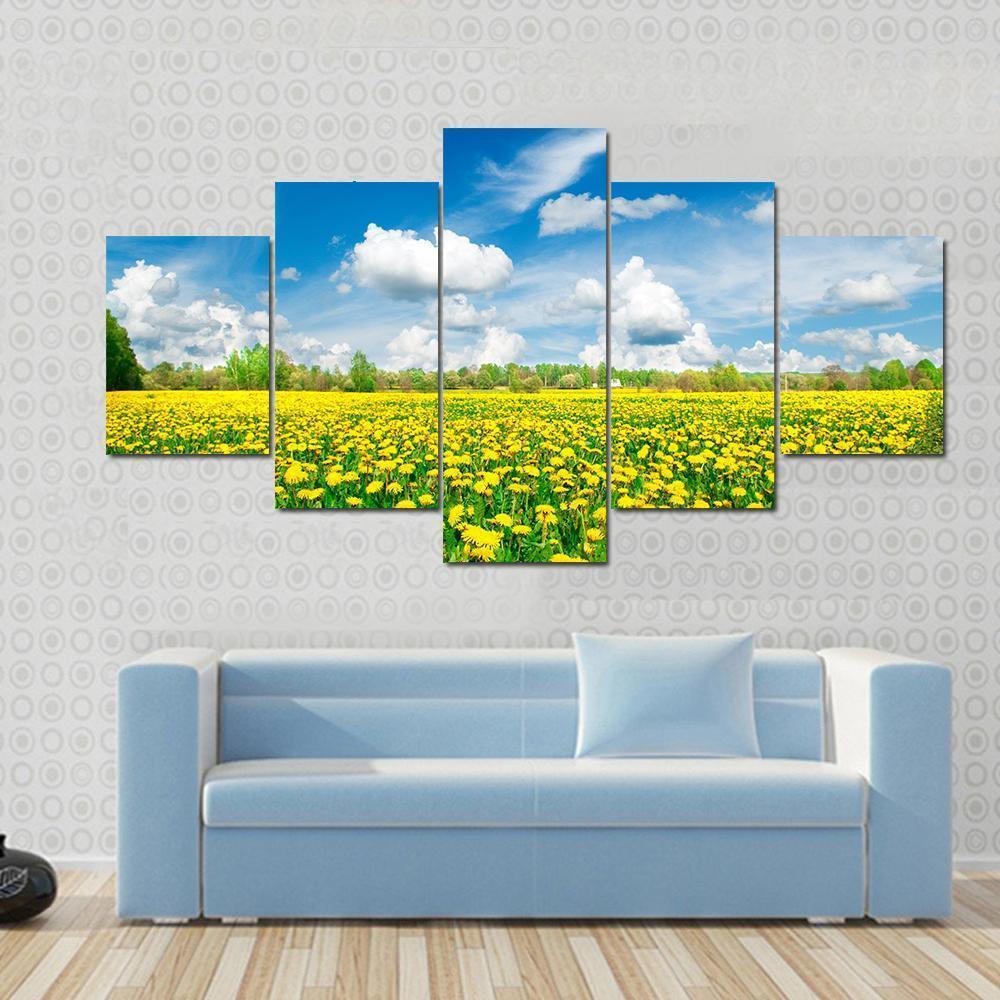 Meadow With Yellow Dandelions Canvas Wall Art-4 Pop-Gallery Wrap-50" x 32"-Tiaracle