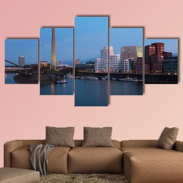 Media Harbor Dusseldorf Canvas Wall Art-5 Star-Gallery Wrap-62" x 32"-Tiaracle
