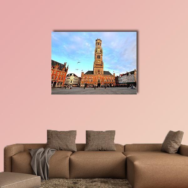 Belfry of Bruges Canvas Wall Art in gray, brown and blue, single panel hung on a wall