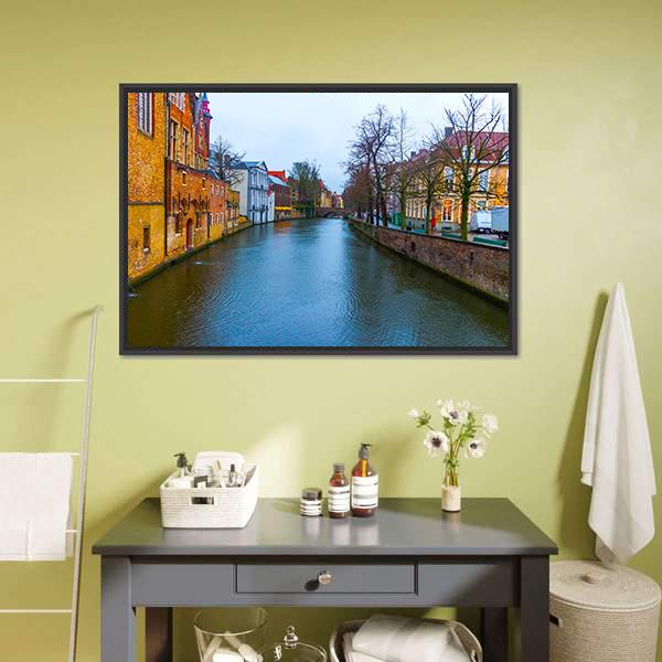Medieval Buildings Along Canal Canvas Wall Art-1 Piece-Floating Frame-24" x 16"-Tiaracle