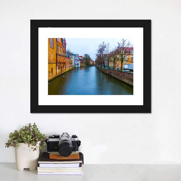 Medieval Buildings Along Canal Canvas Wall Art-1 Piece-Framed Print-20" x 16"-Tiaracle