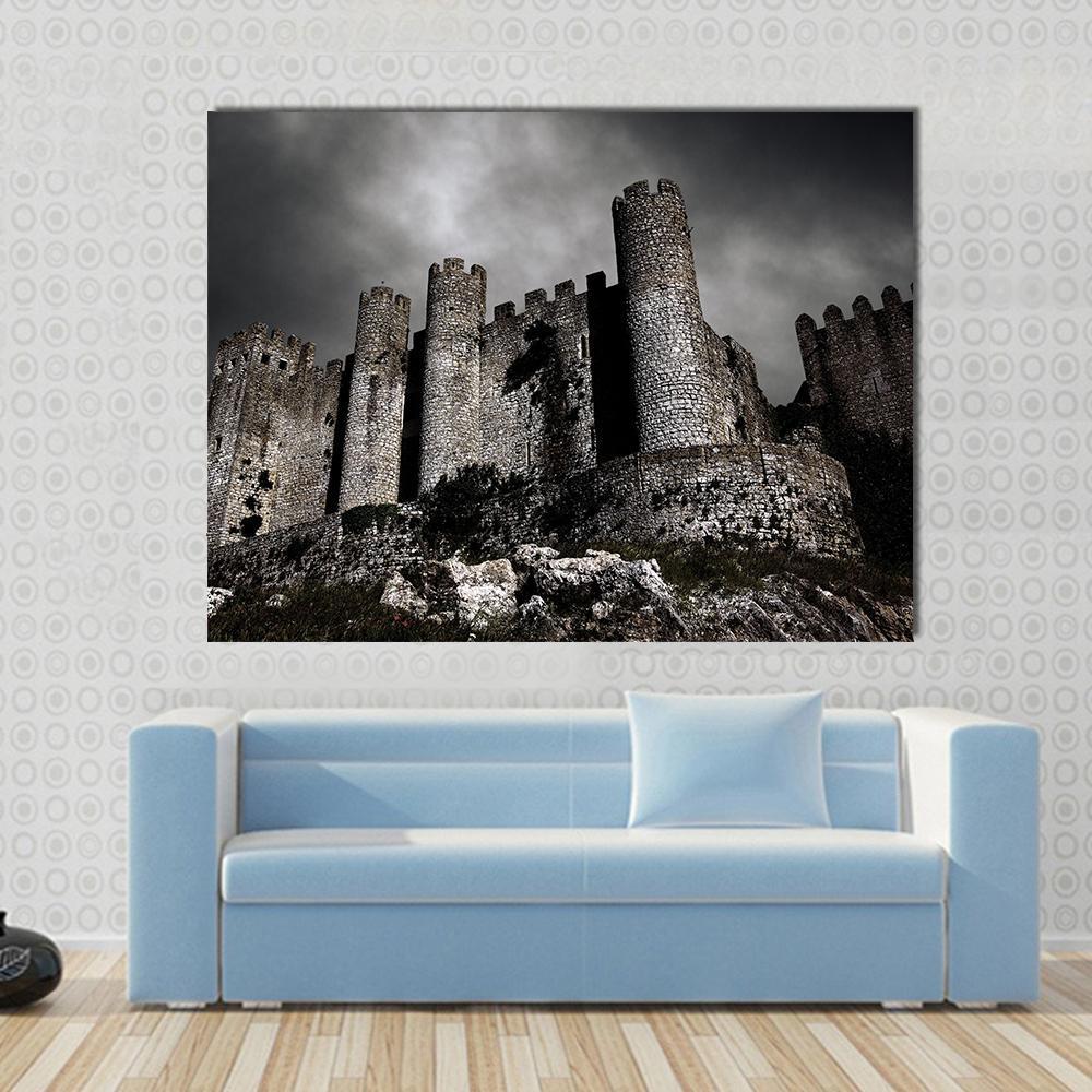 Medieval Castle at Night Canvas Wall Art in black, white and gray, single panel hung on a wall