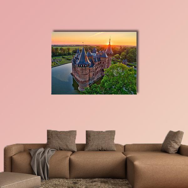 Medieval Castle in Netherlands Canvas Wall Art in orange, green and blue, single panel hung on a wall