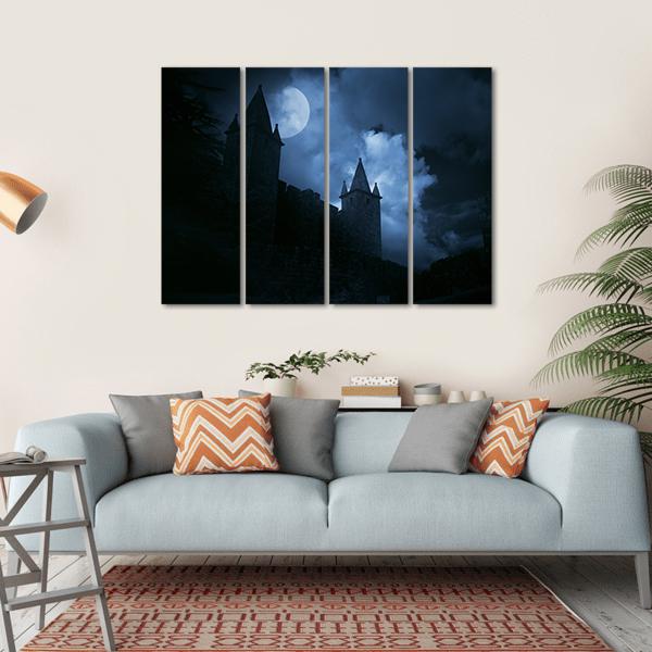 Medieval Castle In A Misty Full Moon Canvas Wall Art-4 Horizontal-Gallery Wrap-34" x 24"-Tiaracle