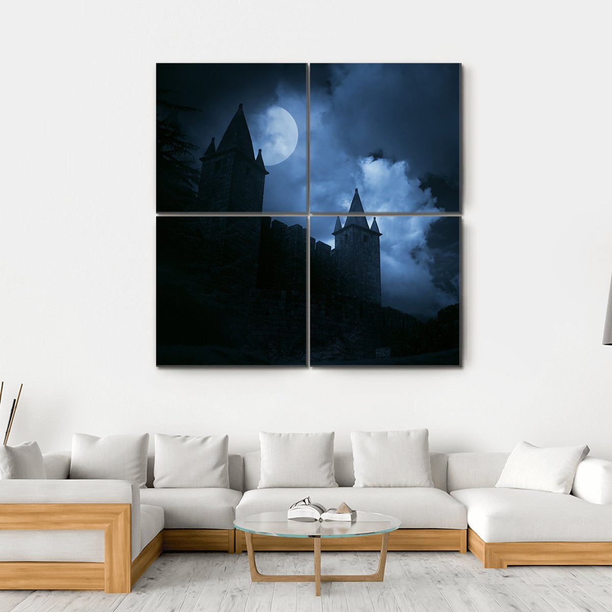 Medieval Castle In A Misty Full Moon Canvas Wall Art-4 Square-Gallery Wrap-17" x 17"-Tiaracle