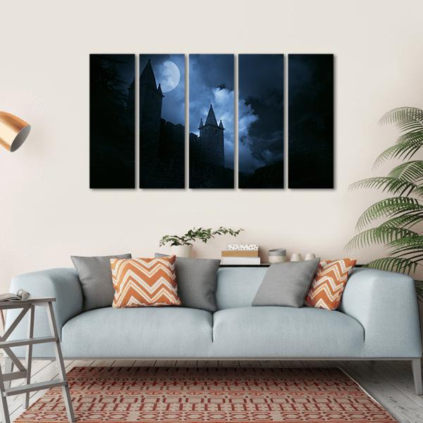 Medieval Castle In A Misty Full Moon Canvas Wall Art-5 Horizontal-Gallery Wrap-22" x 12"-Tiaracle