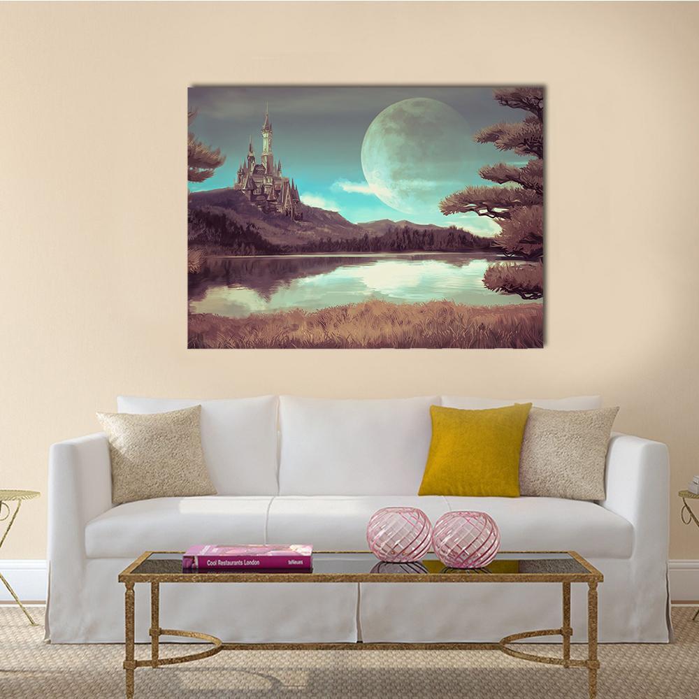 Medieval Castle by Moonlit Lake Canvas Wall Art in gray, brown and blue, single panel hung on a wall