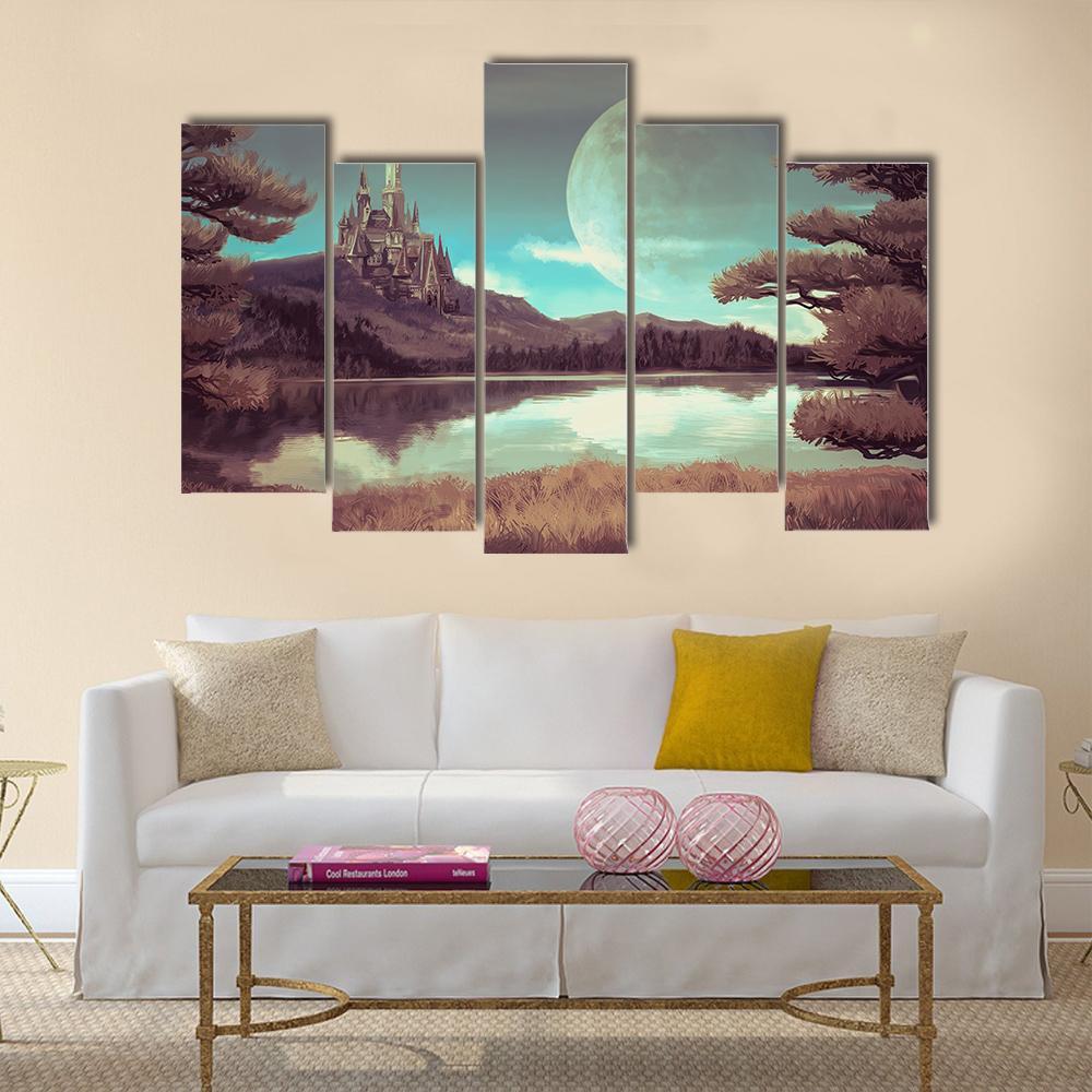 Medieval Castle With Lake Canvas Wall Art-5 Pop-Gallery Wrap-47" x 32"-Tiaracle