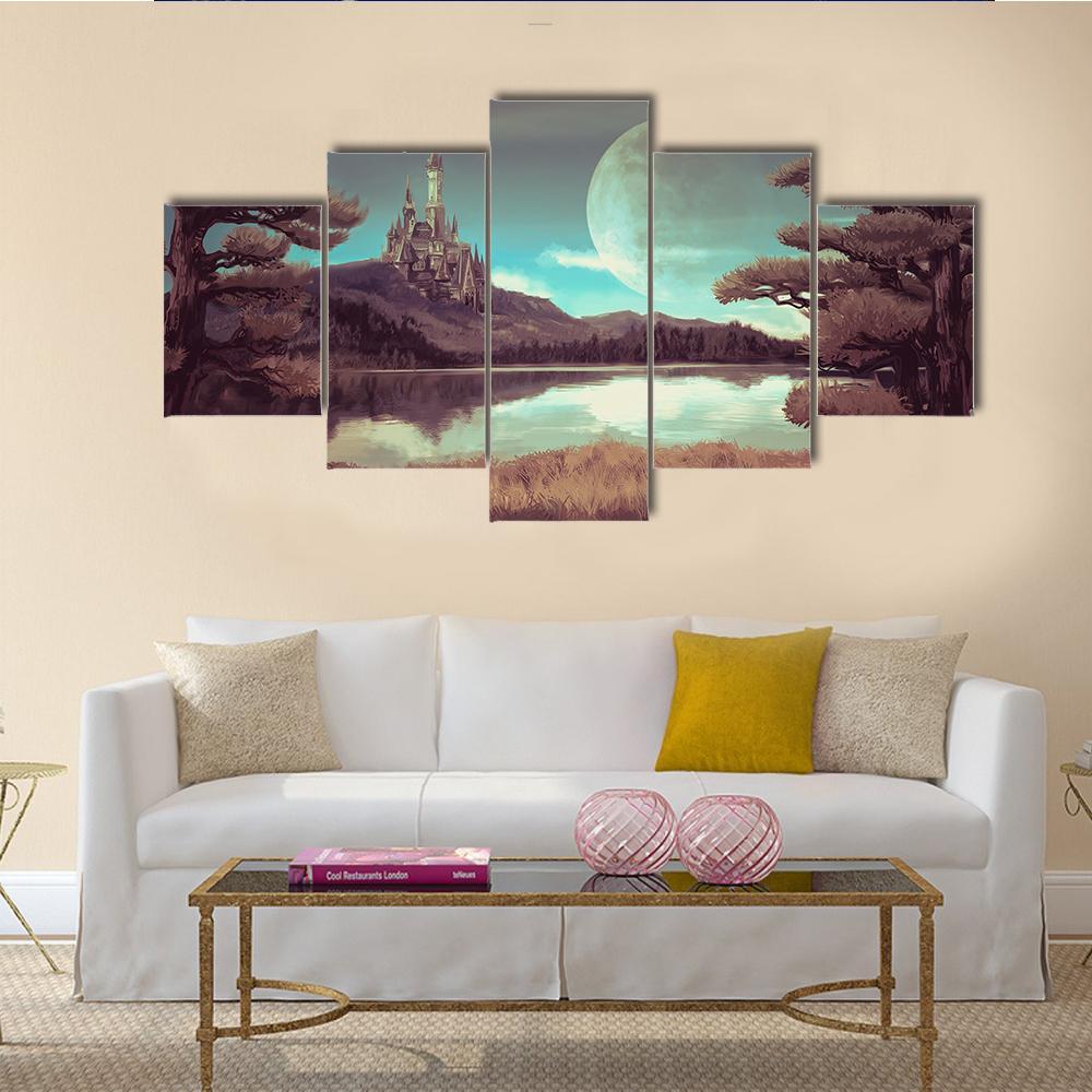 Medieval Castle With Lake Canvas Wall Art-5 Star-Gallery Wrap-62" x 32"-Tiaracle