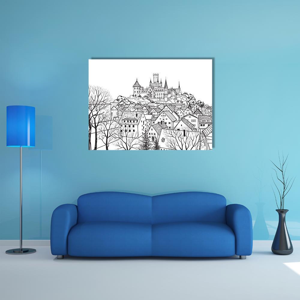 Hilltop Castle and Town Sketch Canvas Wall Art in black and white, single panel hung on a wall